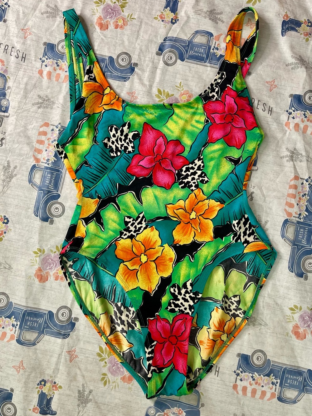 Vintage 1980s Le Cove Tropical Floral One Piece Swimsuit Size 12 Made in USA